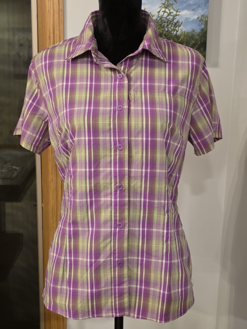 The North Face VaporWick Purple and Green Plaid Hiking Shirt, Women's Large